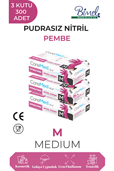 COREMED قفازات فحص من النتريل الوردي خالية من البودرة مقاس M - 3 عبوات من 100...