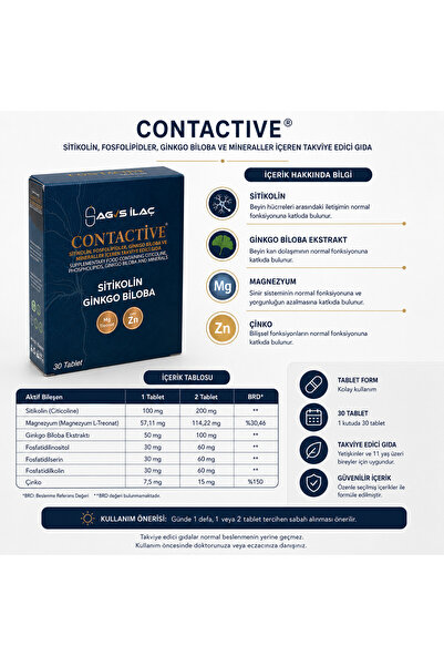 CONTACTİVE 30 Tablet | Sitikolin, Ginkgo Biloba, Magnezyum ve Çinko İçeren Ta...