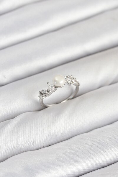 Inure Jewelry Brass Silver Color Zircon Stone Pearl Model Women's Ring