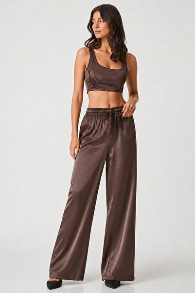Ruby Wear Kadın Saten Kumaş Ultra Soft Beli Lastikli Bol Paça Pantolon