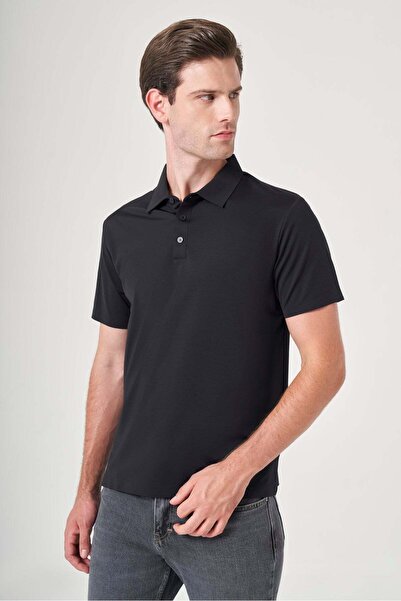 İmza Black Polo Collar Short Sleeve Relaxed Fit Flexible Non-Fraying Collar T...