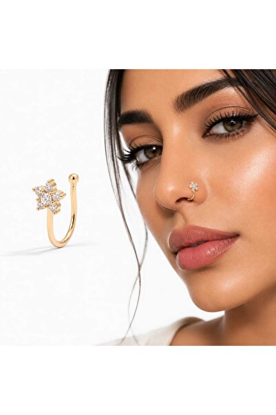 Nevara قرط ثقب أنف نسائي بتصميم زهرة مرصعة بالكريستال – لون ذهبي – حلق أنف أن...