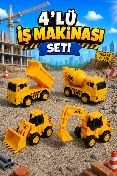 FunkyCraft 4'lü İş Makinesi Oyuncak Seti Sürtmeli Hareketli Kepçe Damperli Mi...
