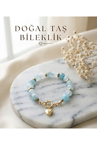 VİONEA Women's Blue Agate Natural Stone Bracelet 8 mm Faceted Sphere Cut-Gold...