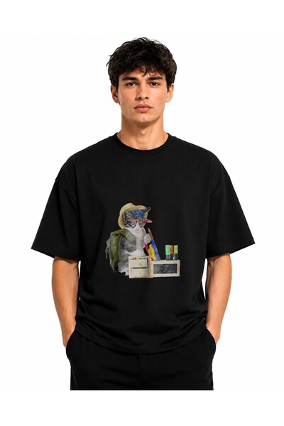 Inscriptie Tricou Unisex Bumbac Premium Casual " Pisica cu ghiozdan "