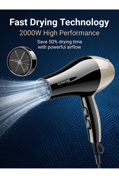 Sunhome Hair Blow Dryer,Powerful 2000 Watt with AC Motor,Quick Drying Salon Hairdryers with Diffuser Fast Drying Blow Dryer Lightweight Best Soft Touch