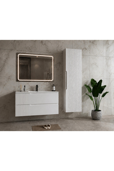 trakya banyo Banyo dolabı seti lake 90'lık seramik lavabo boy dolap ve led ay...