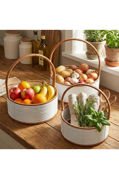 Go İthalat 3 Interlocking Plastic Rattan Baskets – White Color, Brown Handles...