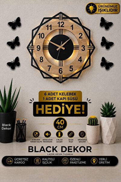 Blackdekor Sonoma Rengi Dekoratif Led Işıklı Duvar Saati | Modern Ve Şık 40 C...