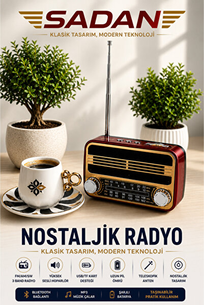 sadan Nostaljik Bluetoothlu Retro Sunumluk Taşınabilir Radyo Müzik Kutusu