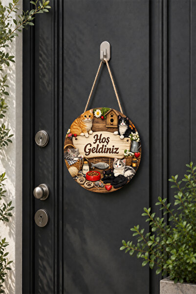 Lucena Cat Themed Welcome Door Ornament Wooden Round Door Decoration