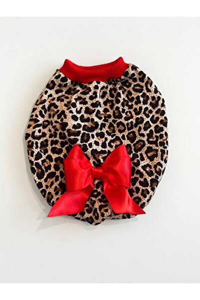 For a Fur Leopard Print Cat Dog T-Shirt with Red Bow and Red Ribbed Detail