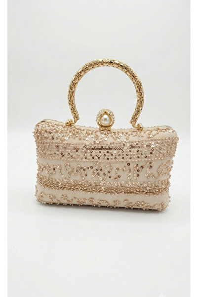 Telli Art Cream Color Plain Pearl Chain Evening Dress Clutch Bag 14X23 cm