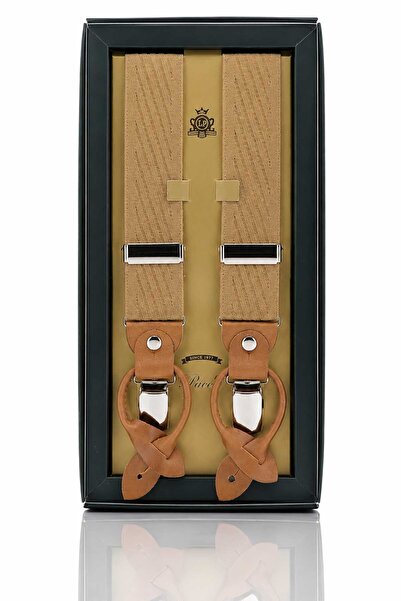 Kravatkolik Beige Leather Connected Button Hole Jacquard Trouser Strap PAN170