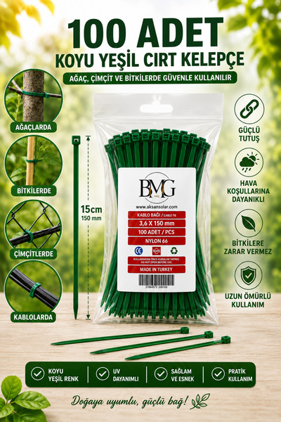 By mag 3.6x150 Orjinal Kablo Bağı Yeşil Cırt Kelepçe (15cm uzunluk) Ağaç, çim...