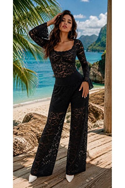GLAMSI Set din dantela cu bluza si pantaloni evazati