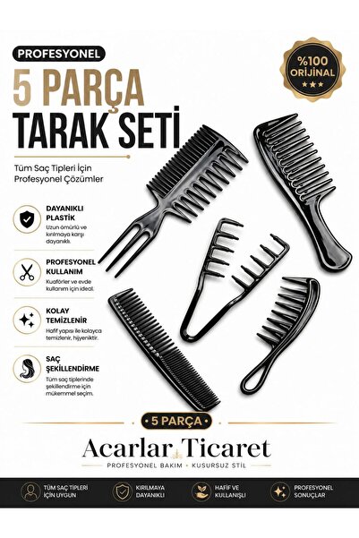 Acarlar Ticaret 5 Parça Profesyonel Kuaför Tarak Seti Saç Şekillendirme ve Sa...