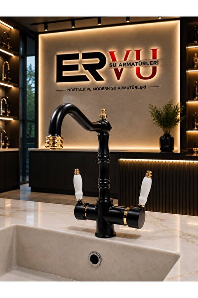 Ervu Yapı Siyah Altın Arıtmalı Rustik Mutfak Eviye Musluk (SICAK SOĞUK GİRİŞL...