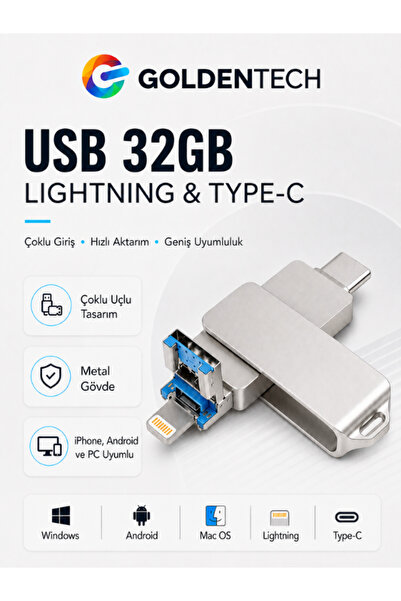 Golden Tech 3 in 1 OTG Flash Bellek USB Yüksek Hızlı (Type-C - USB-C - Lightn...