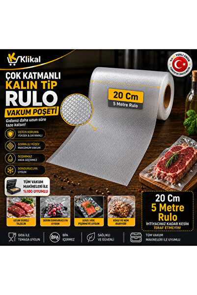 Klikal 20 Cm 5 Metre Çok Katmanlı Ev Tipi Rulo Vakum Poşeti
