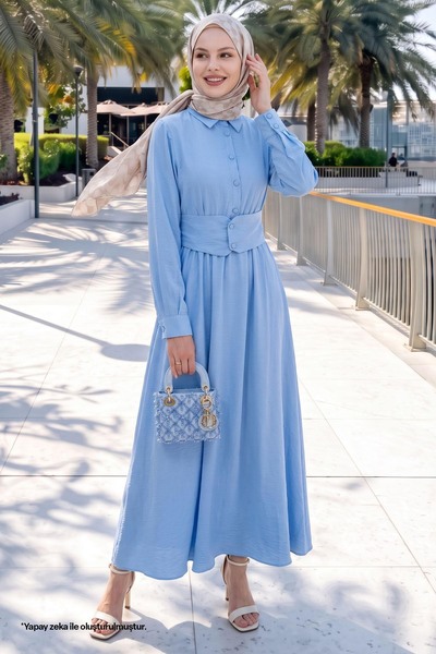 InStyle Rochie albastră pentru bebeluși, cu nasturi și talie elastică