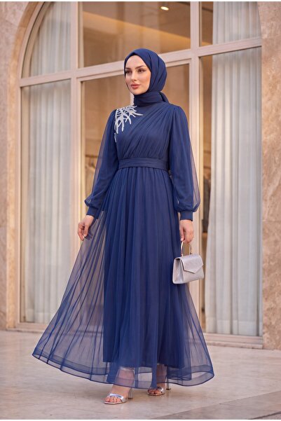 Modamorfo Front Stone Detail Draped Belted Tulle Evening Dress