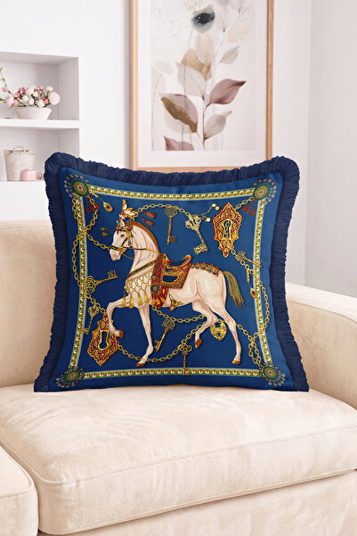 Realhomes Navy Blue Fringed Throw Pillow Cover with Horse Figure and Chain & ...