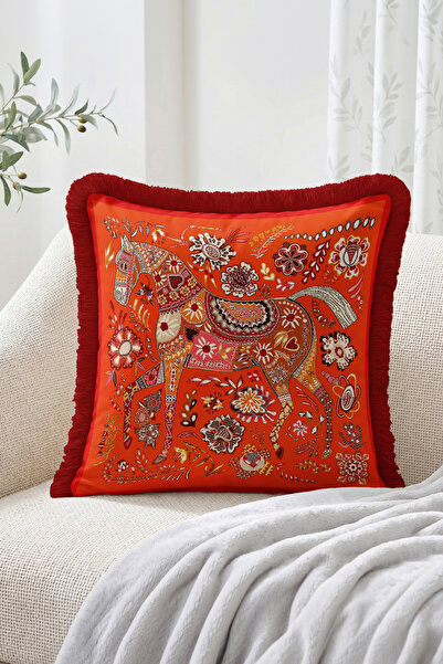 Realhomes Red Fringed Throw Pillow Cover with Patchwork Floral Motif and Hors...
