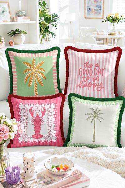 Realhomes It's a Good Day to Be Happy Written Palm and Lobster Patterned 4-Pi...