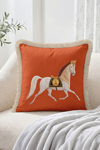 Realhomes Fringed Throw Pillow Cover with White Horse Figure on Orange Backgr...