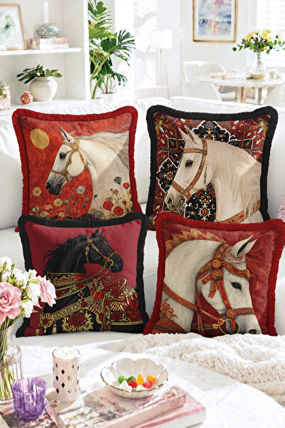 Realhomes Ottoman Style Patterned Red and Black 4-Piece Fringed Throw Pillow ...