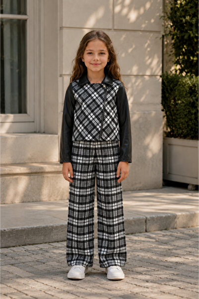 HC Kids Wear Devojka Karirano Koža Detaljan crni Gornji i donji deo