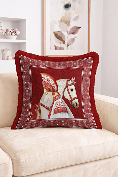 Realhomes Patterned Fringed Throw Pillow Cover with Horse and Woman in Tradit...