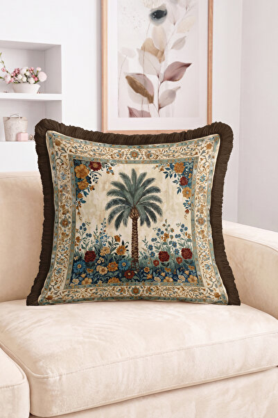 Realhomes Palm Tree and Flower Garden Pattern Fringe Throw Pillow Cover, Vint...