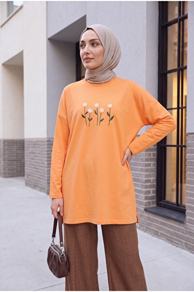 Modamorfo Daisy Embroidered Round Neck Combed Cotton Tunic - Orange