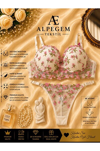 Alpegem Tekstil ALPEGEM Beyaz pembe çiçek detaylı destekli brode sütyen takım...