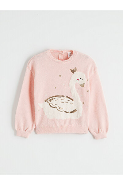 LC Waikiki Lcw Kids Pink Swan Patterned Girls' Knitwear Sweater