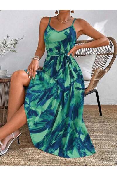 Generic Brand Women's Rope Strap V-Neck Long Patterned Single Jersey Dress wi...