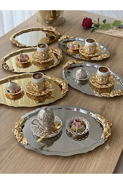 Elzemm store 20*25 CM GOLD VE GÜMÜŞ OVAL KULPLU MODEL 6 ADET SUNUM TEPSİSİ
