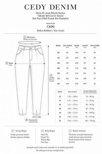 CEDY DENIM Mom Fit Jean Büyük Beden Yüksek Bel Carrot Kesim Dar Paça Pileli Esnek Kot Pantolon C600-siyah