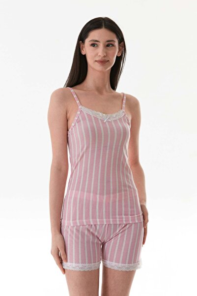 Fulla Moda Kalın Çizgili Dantelli Şortlu Pijama Takımı