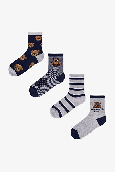 Penti Erkek Çocuk Koyu Mavi Navy Teddy Ayı Desenli Pamuklu 4 Çift Soket Çorap