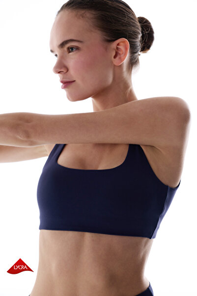 Penti Navy Blue Cream Lightweight Support Square Neckline Sports Bra with Rem...