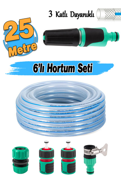 Badem10 (6'lı) Bağlantı Adaptör Seti Üç Katlı Şeffaf Sağlam Bahçe Hortumu (25...