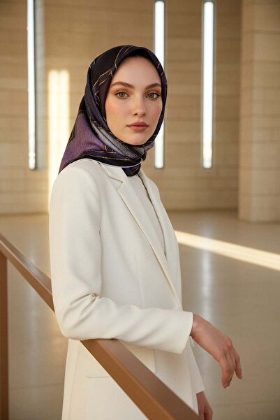 Vissona 100% Twill İpek Gold Detaylı Kare Desenli Lacivert - Mürdüm Renkli 90...