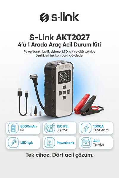 AKT2027 Gümüş 8000mAh 150 Psi 4 in1 Powerbank+ LED Işık Lastik Sisirme Ve Akü Takviye cihazı