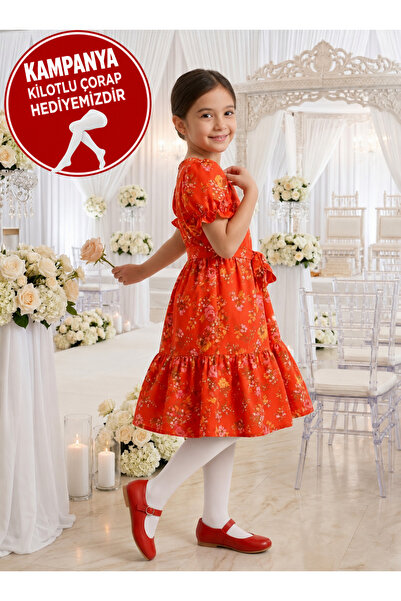 malia KIZ ÇOCUK ÇİÇEK DESENLİ KISA KOLLU KUŞAKLI KLOŞ ETEKLİ ELBİSE
