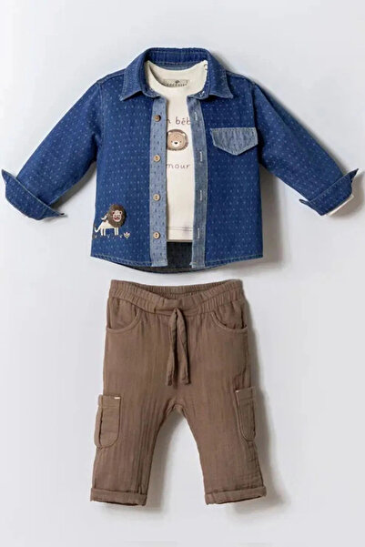 Minigimin Cicileri Lion Embroidered Denim Jacket 3-Piece Baby Boy Set - Blue