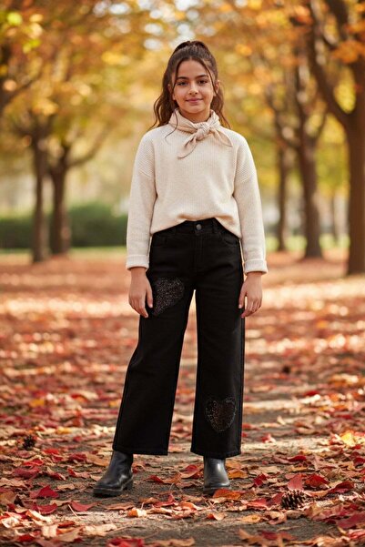 Fulla Moda 100% Cotton Elastic Waist Stone Heart Embroidered Girls' Trousers