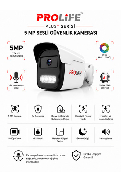 PROLİFE Full HD Warm Led Ses Kayıtlı AHD TVI Güvenlik Kamerası Gece Renkli Gö...